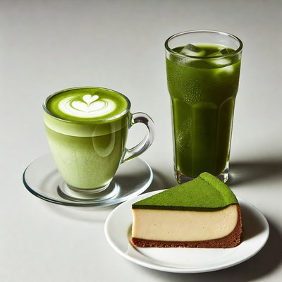 Matcha Latte, Drink and Cheesecake