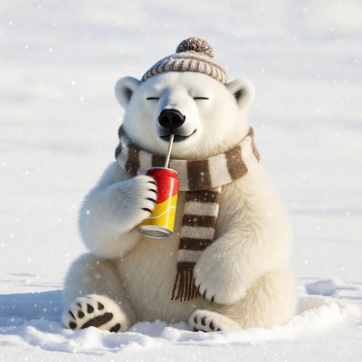 Polar bear drinking soda in snow