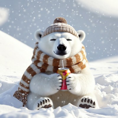 Polar bear drinking soda in snow
