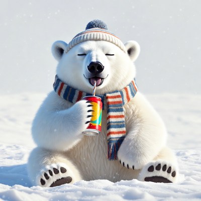 Polar bear drinking soda in snow