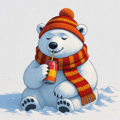 Polar bear drinking soda in snow