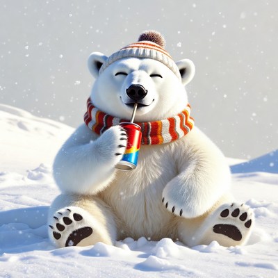 Polar bear drinking soda in snow