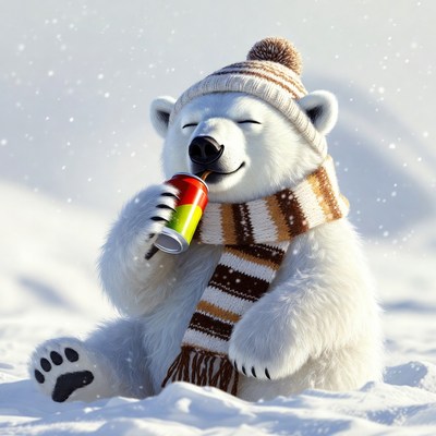 Polar bear drinking soda in snow