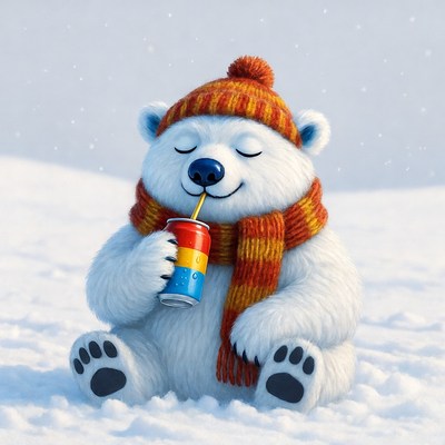 Polar bear drinking soda in snow