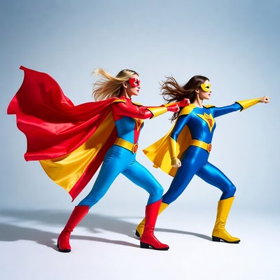 Two women in superhero costumes posing