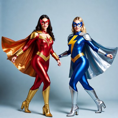 Two women in red and yellow superhero costumes