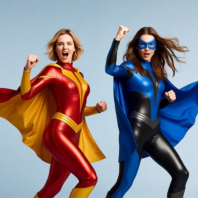 Two women in red and blue superhero costumes