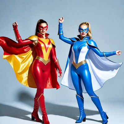 Two women in red and blue superhero costumes