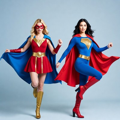 Blonde Supergirl and Brunette Superman Posing