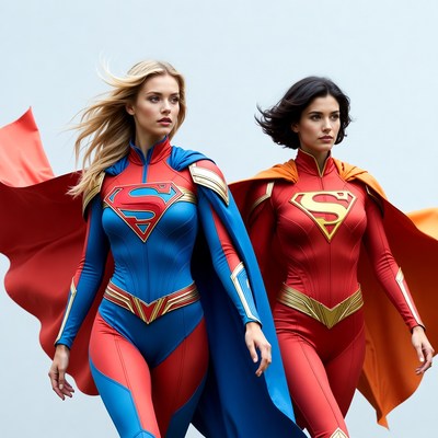Supergirl and Batgirl in superhero costumes