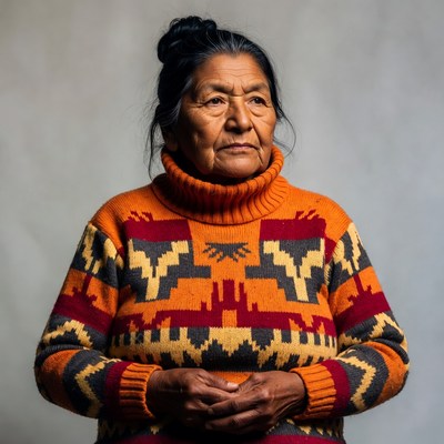 Indigenous woman in patterned sweater