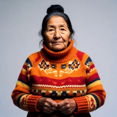 Elderly Indigenous woman in colorful sweater