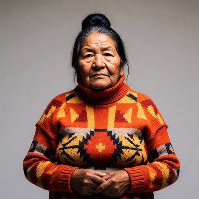 Indigenous woman in colorful geometric sweater