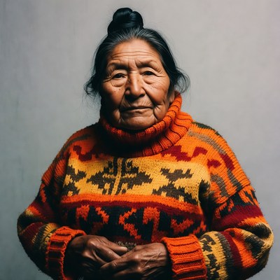 Indigenous woman in colorful knitted sweater