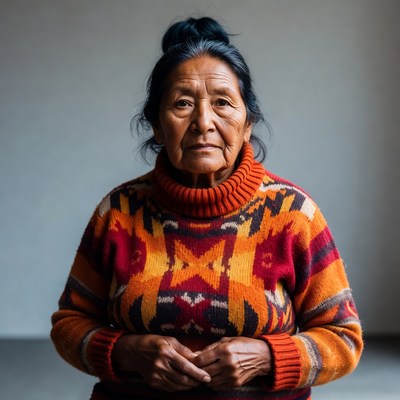 Indigenous woman in colorful knitted sweater