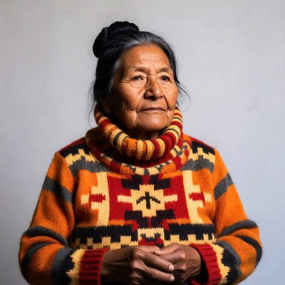 Indigenous woman in colorful knitted sweater