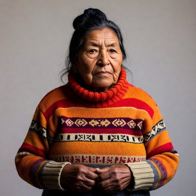 Indigenous woman in colorful knitted sweater