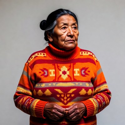 Indigenous woman in colorful knitted sweater