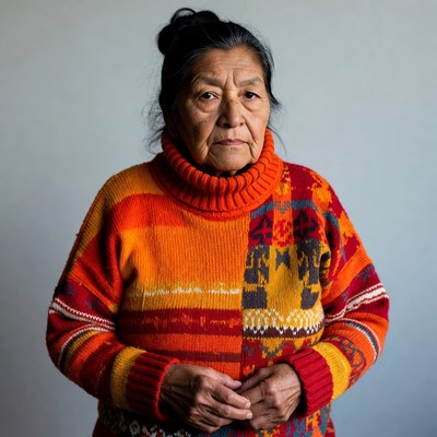 Indigenous woman in colorful knitted sweater