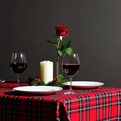 Red Wine Glasses with Candle and Rose