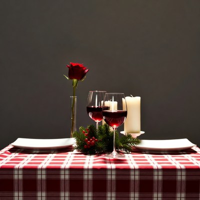Red Wine Glasses with Candle and Rose
