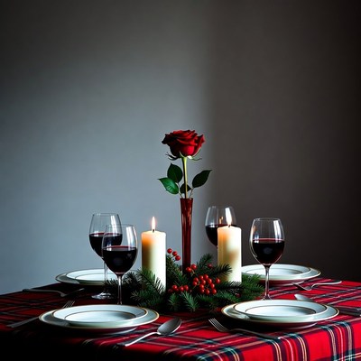 Romantic Table with Red Rose and Wine