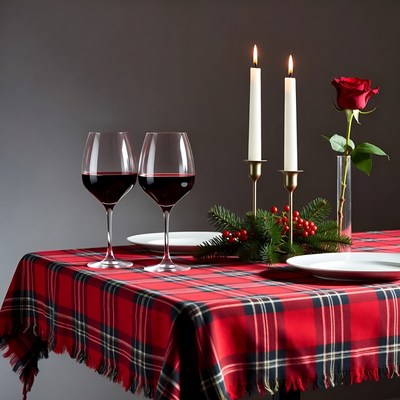 Red Wine Glasses and Candles on Plaid Table