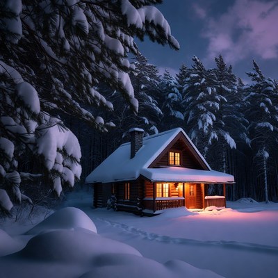 Snowy Log Cabin in Forest Night