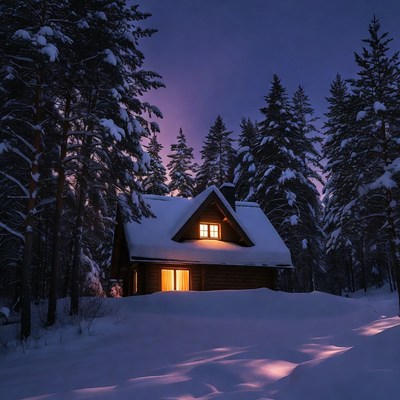Cozy lit cabin in snowy forest