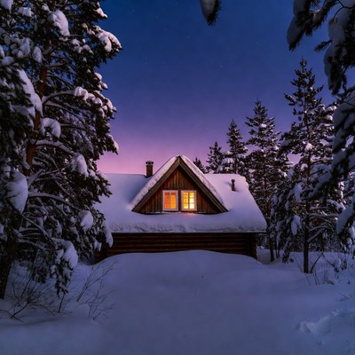 Cozy lit cabin in snowy forest