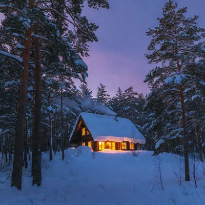 Snowy Cabin in Pine Forest at Twilight