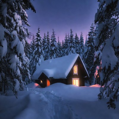 Cozy Cabin in Snowy Forest Night