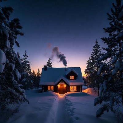 Cozy Log Cabin in Snowy Forest Night