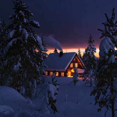 Snowy Cabin in Forest at Night