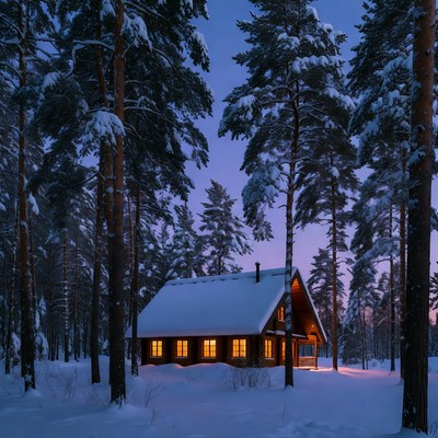 Snowy Wooden Cabin in Forest