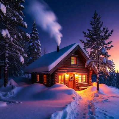 Cozy Log Cabin in Snowy Forest Night