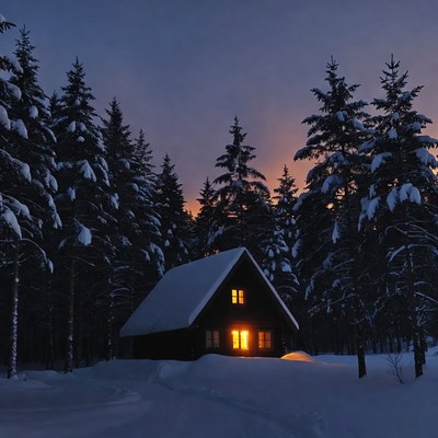 Cozy lit cabin in snowy forest