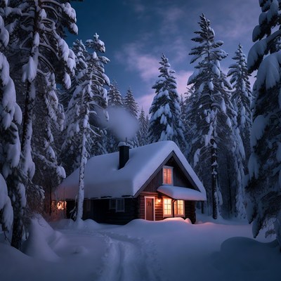 Cozy Snowy Cabin in Forest