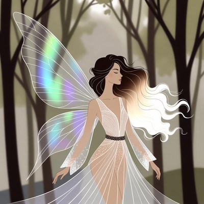 Fairy with iridescent wings in forest