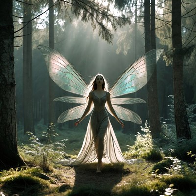 Fairy with translucent wings in forest