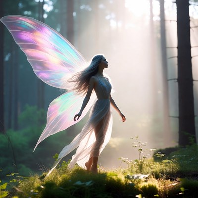 Fairy with iridescent wings in forest
