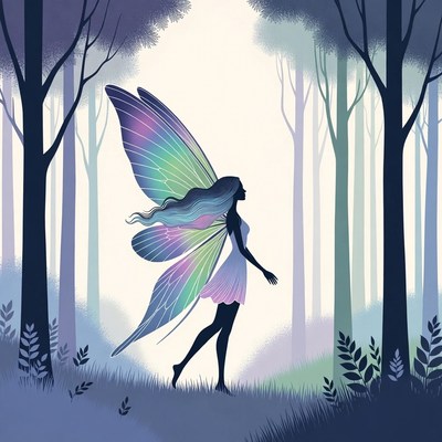 Fairy with iridescent wings in forest