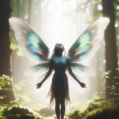Fairy with wings in enchanted forest