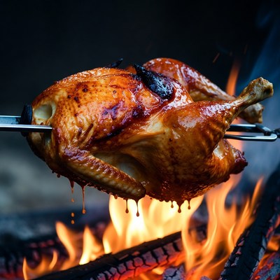 Roasted Chicken on Spit over Fire
