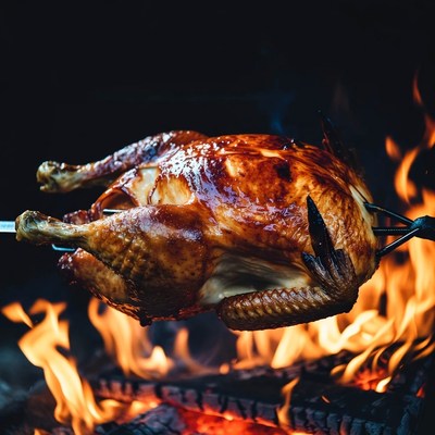 Roasted Chicken on Spit over Fire