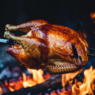 Roasted Chicken on Spit over Fire