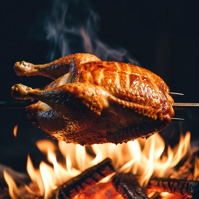 Roasted Chicken on Spit over Fire