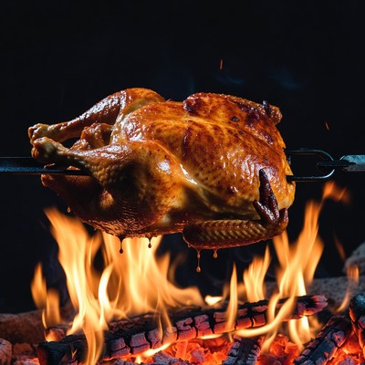 Roasted Chicken on Spit over Fire