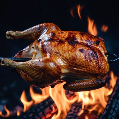 Roasted Chicken on Grill over Flames