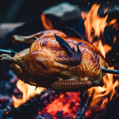 Roasted Chicken on Spit over Fire